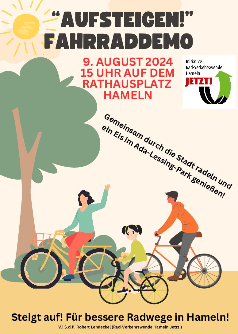 „Aufsteigen“ – Fahrraddemo Fr. 09. Aug. 15 Uhr, Rathausplatz HM